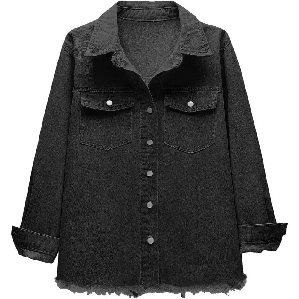 Women's Oversized Jean Jacket  Long Sleeve Denim Distressed Frayed Hem Black - Picture 4 of 6